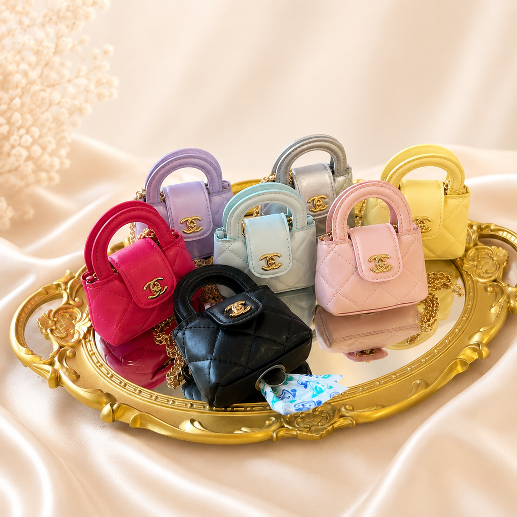 Luxury Mini Waste Bag Holder for Dogs – Quilted Pet Poop Bag Dispenser Purse with Gold Chain