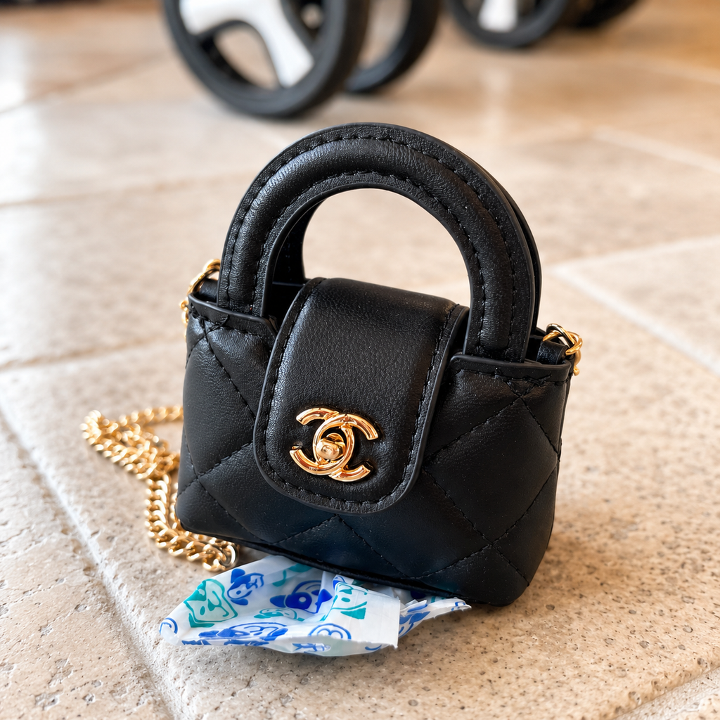Luxury Mini Waste Bag Holder for Dogs – Quilted Pet Poop Bag Dispenser Purse with Gold Chain